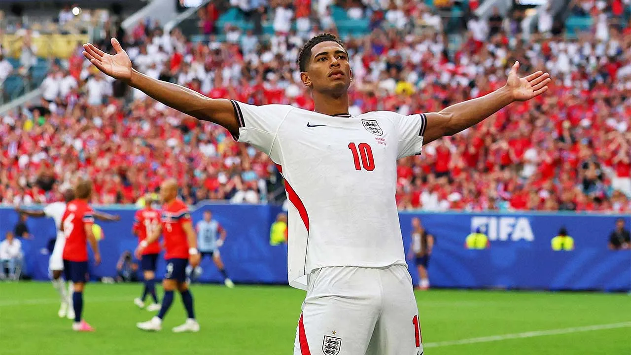 Soccer Football - FIFA World Cup 2026 - Quarter Final - Norway v England - Miami Stadium, Miami Gardens, Florida, U.S. - July 11, 2026 England's Jude Bellingham celebrates scoring their second goal REUTERS/Mike Segar TPX IMAGES OF THE DAY