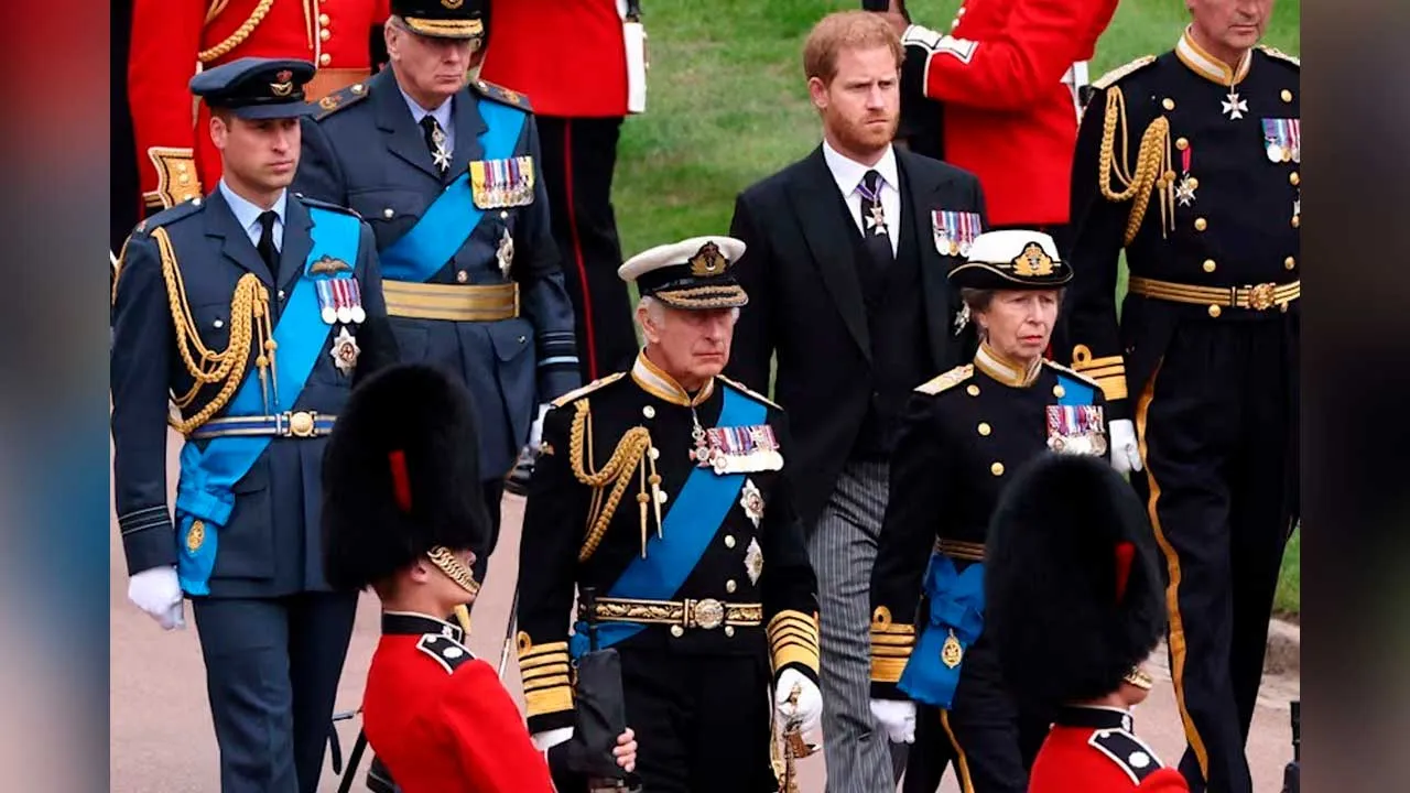 Britain's King Charles III, Princess Anne, Prince William and Prince Harry follow Queen Elizabeth II's coffin at St George's Chapel at Windsor Castle, Windsor, England, on Sept 19, 2022. (Photo: AP/Henry Nicholls)