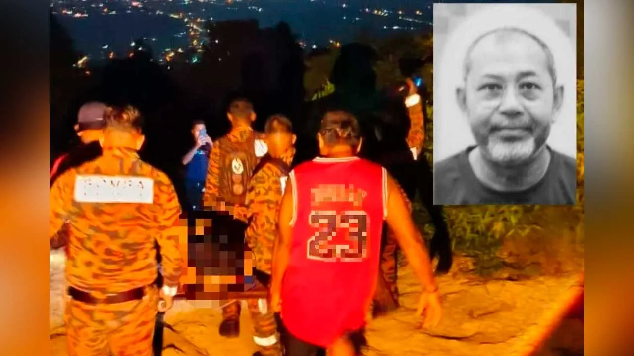 Pasukan penyelamat mengangkat mayat Nazli (gambar kecil) yang ditemui tidak bernyawa di puncak Bukit Maras pada petang Selasa.