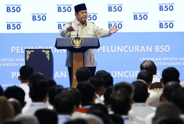 Indonesian President Prabowo Subianto gestures during a ceremony, marking the start of the B50 biodiesel programme, which involves biodiesel containing 50% diesel fuel made of palm oil in Karawang, West Java province, Indonesia, July 9, 2026. 