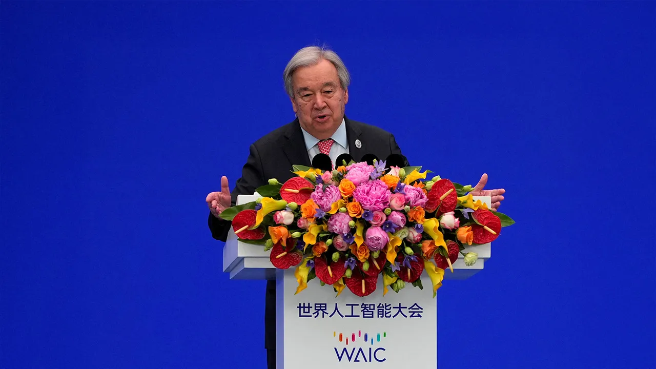 UN Secretary-General Antonio Guterres speaks during the opening ceremony of the High-Level Meeting on Global AI Governance for the World AI Conference in Shanghai, China, July 17, 2026. Ng Han Guan/Pool via REUTERS