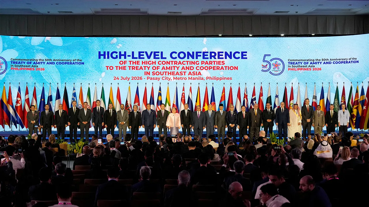 Philippines Foreign Secretary Theresa Lazaro poses with other leaders during the High-Level Conference of the High Contracting Parties to the Treaty of Amity and Cooperation (TAC) on the sidelines of the Association of Southeast Asian Nations (ASEAN) Foreign Ministers' Meeting in Pasay, Metro Manila, Philippines, Friday, July 24, 2026. Aaron Favila/Pool via REUTERS