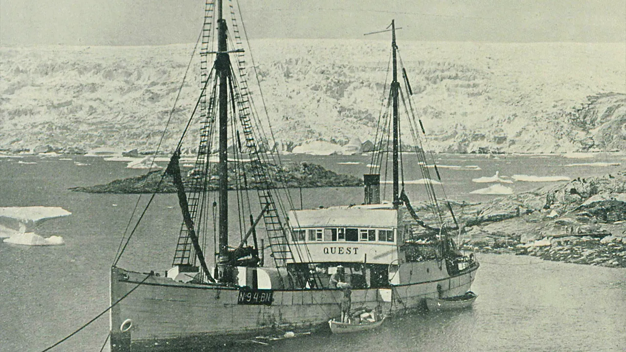 Quest, which had served as the ship of Anglo-Irish explorer Ernest Shackleton's during his Shackleton-Rowett Expedition to Antarctica, is moored at Base Fjord in Greenland in 1930. The Royal Canadian Geographical Society (RCGS) and the Woods Hole Oceanographic Institution (WHOI) will launch a July expedition to survey the final ships of Antarctic explorers Ernest Shackleton and Robert Falcon Scott. Royal Canadian Geographical Society Archives/Handout via REUTERS