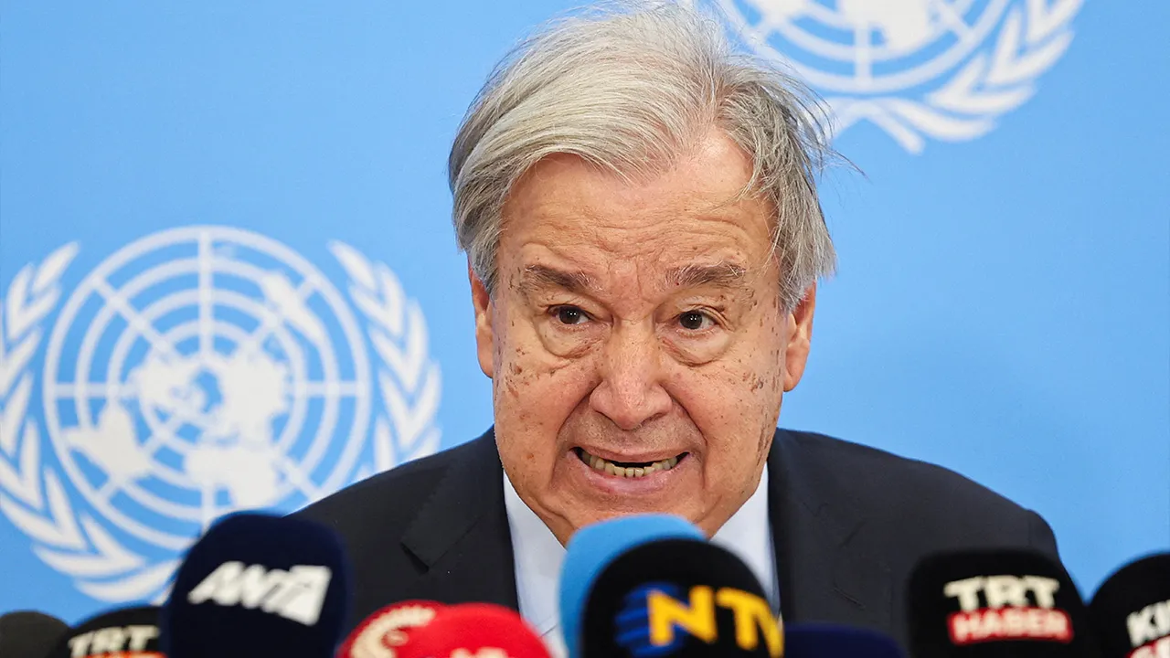 United Nations Secretary-General Antonio Guterres attends a press conference following a meeting with Cyprus President and Greek Cypriot leader Nikos Christodoulides and Turkish Cypriot leader Tufan Erhurman at a U.N. compound in the Nicosia airport area, inside the United Nations-controlled buffer zone in the divided capital of Nicosia, Cyprus, July 29, 2026. REUTERS/Yiannis Kourtoglou