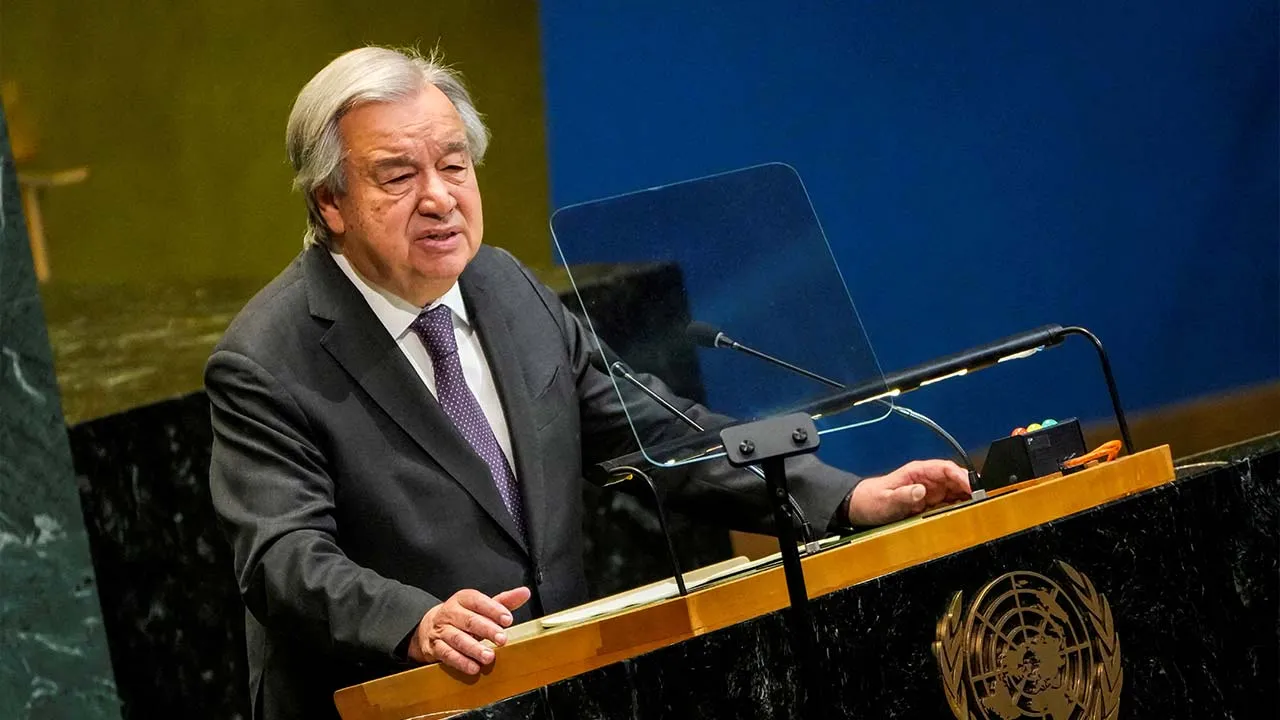 FILE PHOTO: United Nations Secretary-General Antonio Guterres speaks to delegates during a meeting on Nuclear Non-Proliferation Treaty at U.N. headquarters in New York City, U.S., April 27, 2026. REUTERS/Eduardo Munoz/File Photo