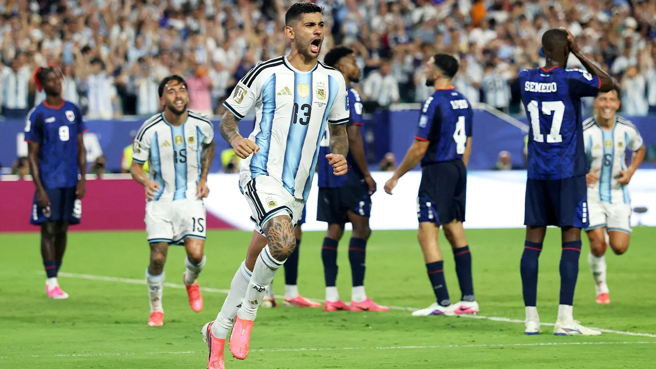 Soccer Football - FIFA World Cup 2026 - Round of 32 - Argentina v Cape Verde - Miami Stadium, Miami Gardens, Florida, U.S. - July 3, 2026 Argentina's Cristian Romero celebrates scoring their third goal REUTERS/Paul Childs TPX IMAGES OF THE DAY