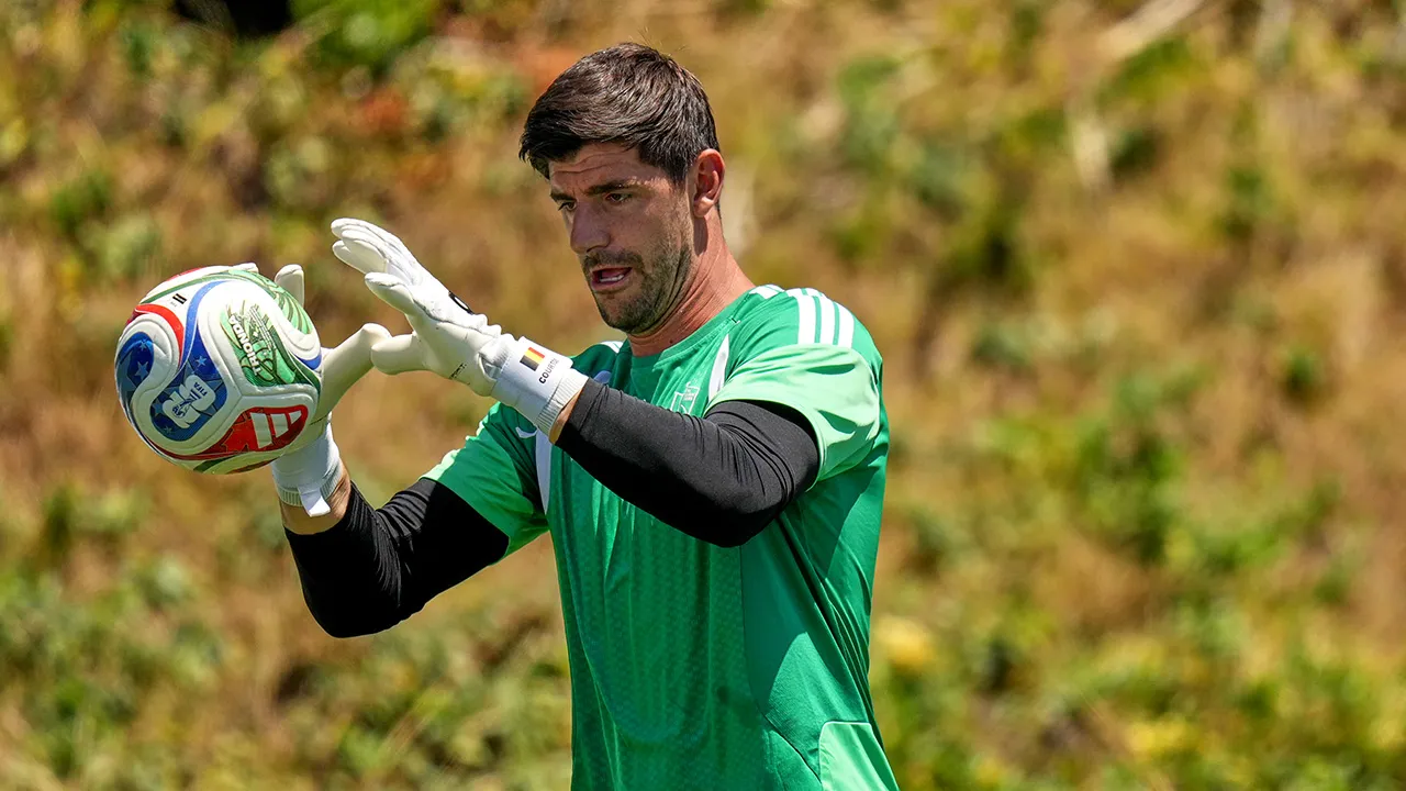 Belgium goalkeeper Thibaut Courtois attends a training session ahead of World Cup quarterfinal soccer match against Spain in Carson, Calif., Thursday, July 9, 2026. (AP Photo/Andre Penner)