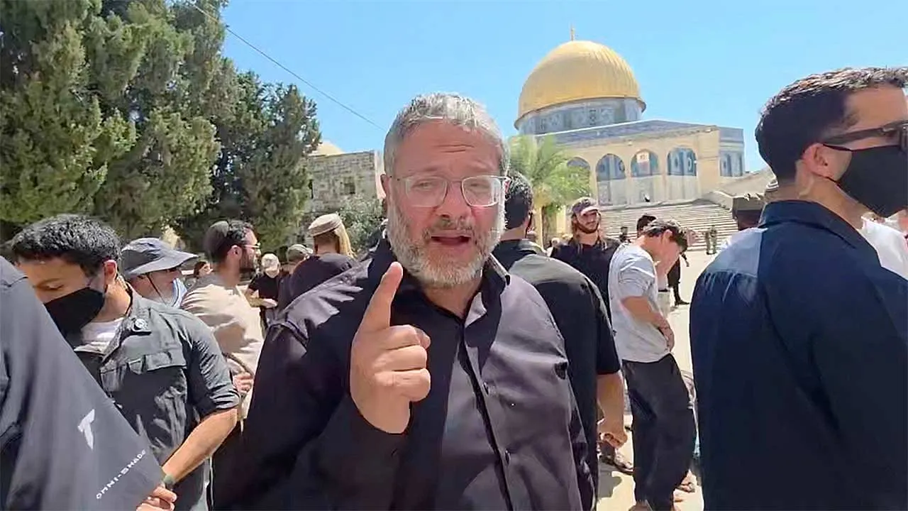 Israel's National Security Minister Itamar Ben-Gvir visits the Al-Aqsa Mosque, during the holy day Tisha B'Av, a day of fasting and lament, that commemorates the date in the Jewish calendar on which it is believed the First and Second Temples were destroyed, in Jerusalem's Old City, July 23, 2026 in this still image obtained from handout video. Itamar Ben Gvir via Telegram/via REUTERS THIS IMAGE HAS BEEN SUPPLIED BY A THIRD PARTY. MANDATORY CREDIT. NO RESALES. NO ARCHIVES. VERIFICATION: - Mosque dome, trees
