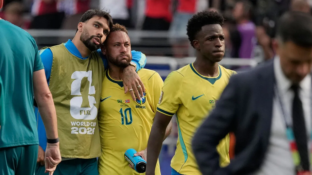 Brazil's Neymar (10) walks off the field with teammates after the World Cup round of 16 soccer match between Brazil and Norway in East Rutherford, N.J., near New York, Sunday, July 5, 2026. (AP Photo/Seth Wenig)