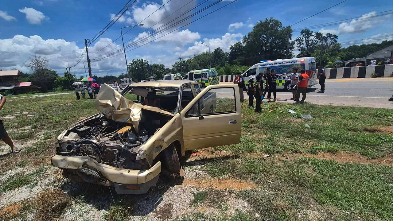 Emergency medical personnel work next to a damaged vehicle that was crashed by an 11-year-old boy into a group of Buddhist monks along the roadside in Mukdahan, Thailand, July 2, 2026. Ruamjai Mukdahan Rescue/Handout via REUTERS THIS IMAGE HAS BEEN SUPPLIED BY A THIRD PARTY. NO RESALES. NO ARCHIVES. MANDATORY CREDIT.