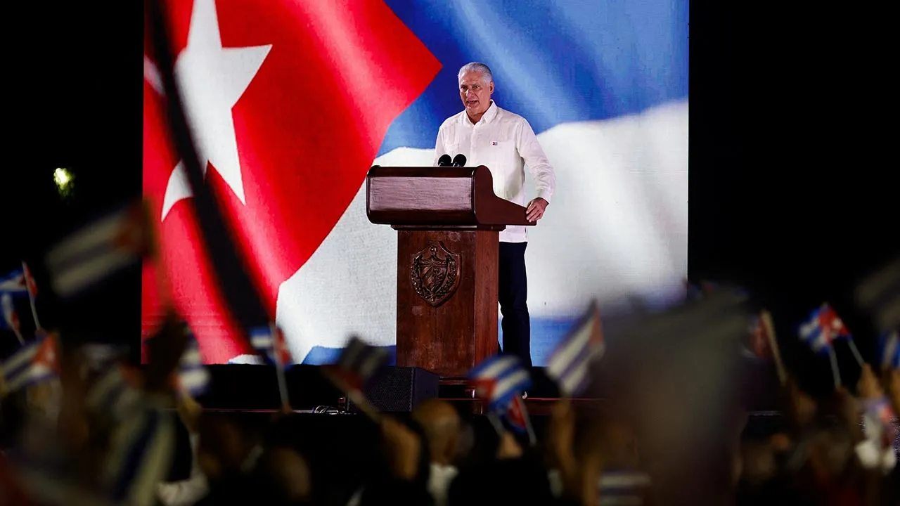 Cuba's President Miguel Diaz-Canel speaks during a ceremony marking National Rebellion Day, which commemorates the start of the 1953 uprising against U.S.-backed dictator Fulgencio Batista that ignited the Cuban Revolution, in Pinar del Rio, Cuba, July 26, 2026. REUTERS/Norlys Perez