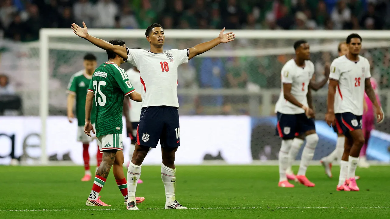 Soccer Football - FIFA World Cup 2026 - Round of 16 - Mexico v England - Estadio Azteca, Mexico City, Mexico - July 5, 2026 England's Jude Bellingham celebrates scoring their second goal REUTERS/Paul Childs TPX IMAGES OF THE DAY