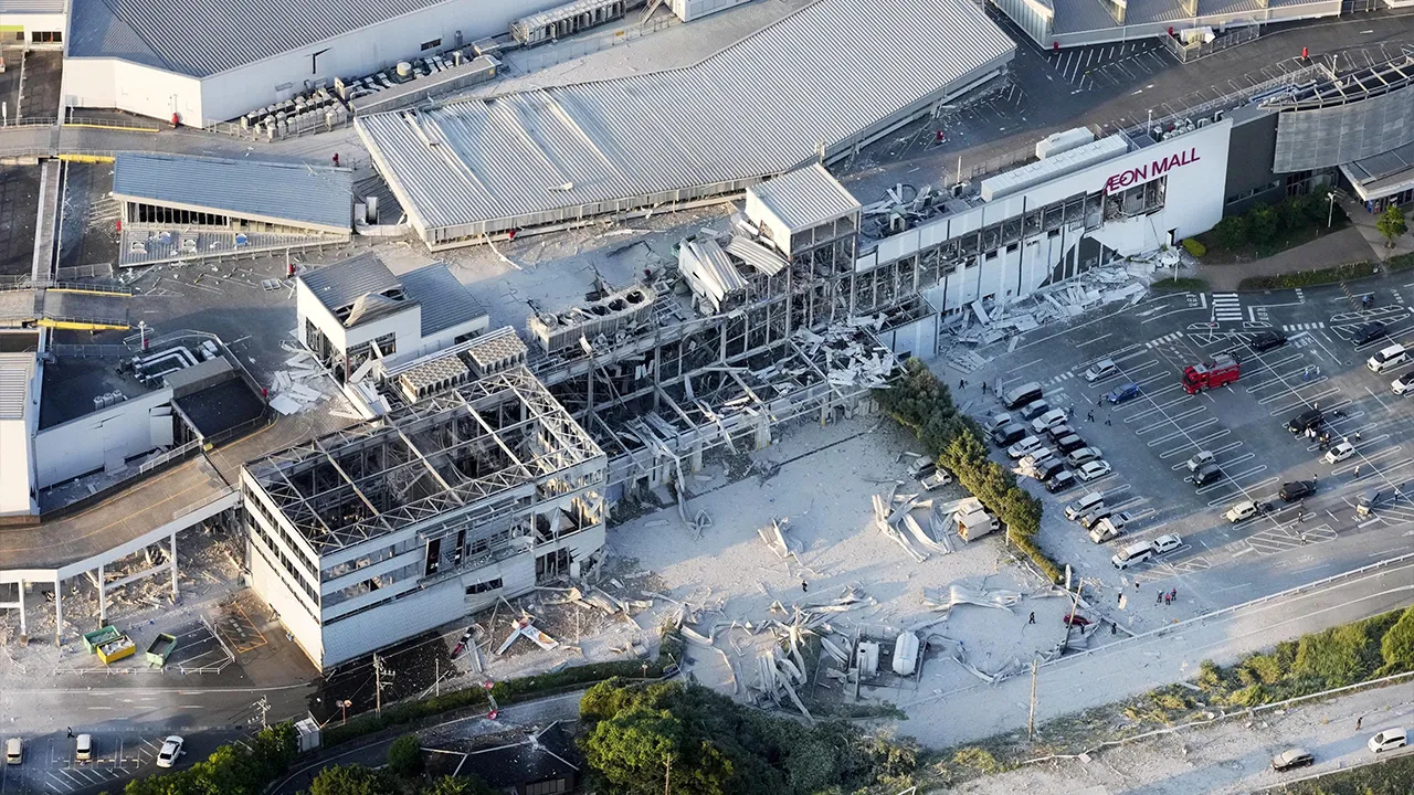 An aerial view shows the damaged Aeon Mall shopping centre after an earthquake with a preliminary magnitude of 7.1 struck Japan's southern Kumamoto prefecture, in Kashima Town, Kumamoto Prefecture, Japan, July 28, 2026. Kyodo/via REUTERS ATTENTION EDITORS