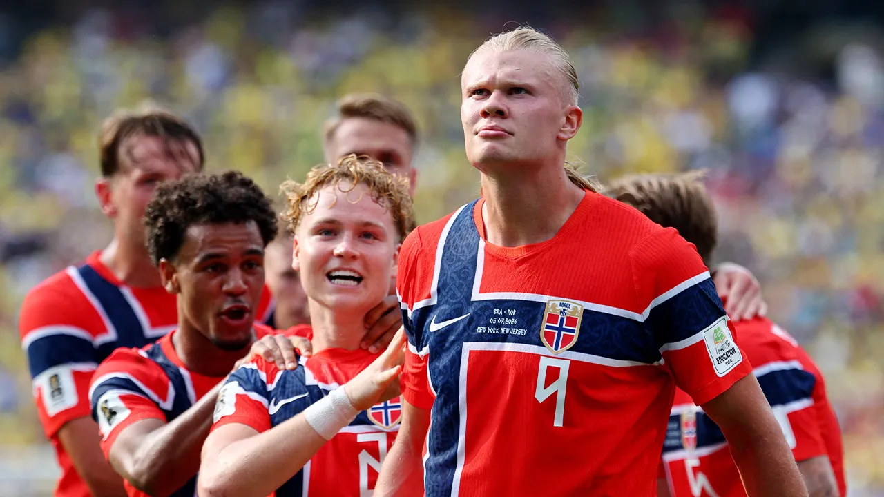Soccer Football - FIFA World Cup 2026 - Round of 16 - Brazil v Norway - New York New Jersey Stadium, East Rutherford, New Jersey, U.S. - July 5, 2026 Norway's Erling Haaland celebrates scoring their first goal IMAGN IMAGES via Reuters/Vincent Carchietta