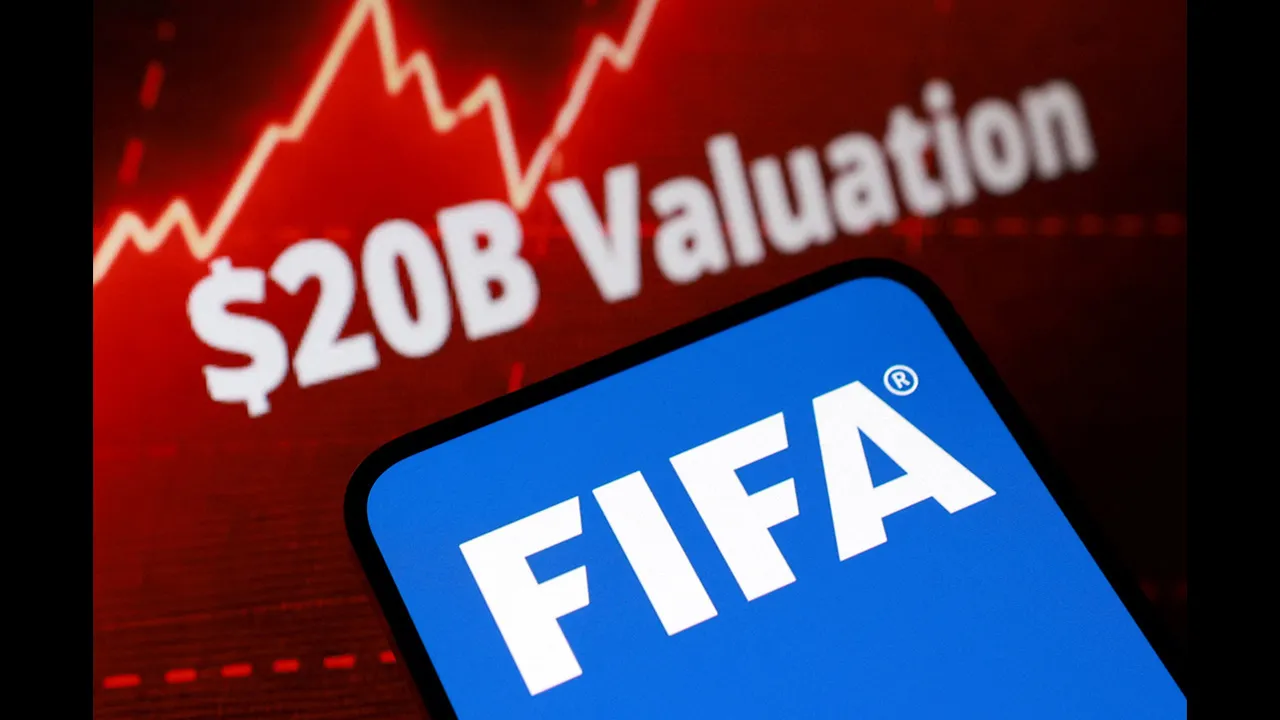 The FIFA logo, words "$20B Valuation" and rising stock graph are seen in this illustration taken, July 28, 2026. REUTERS/Dado Ruvic/Illustration