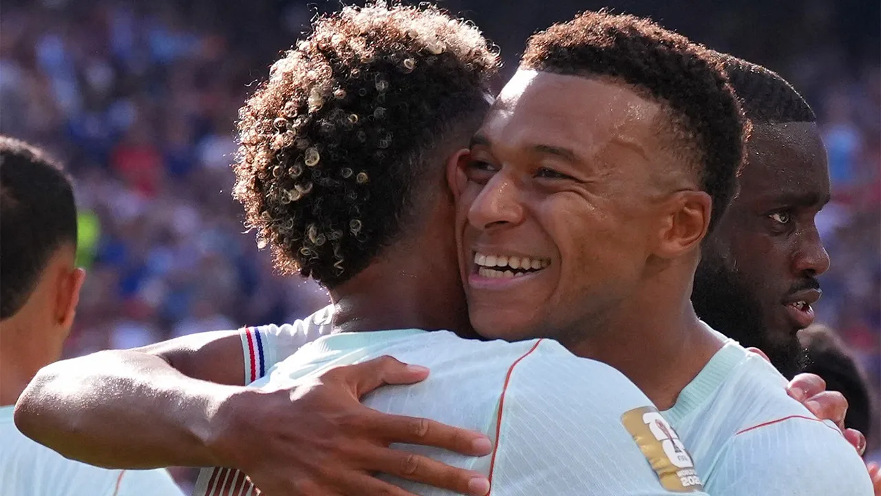 Soccer Football - FIFA World Cup 2026 - Quarter Final - France v Morocco - Boston Stadium, Foxborough, Massachusetts, U.S. - July 9, 2026 France's Kylian Mbappe celebrates scoring their first goal with Desire Doue IMAGN IMAGES via Reuters