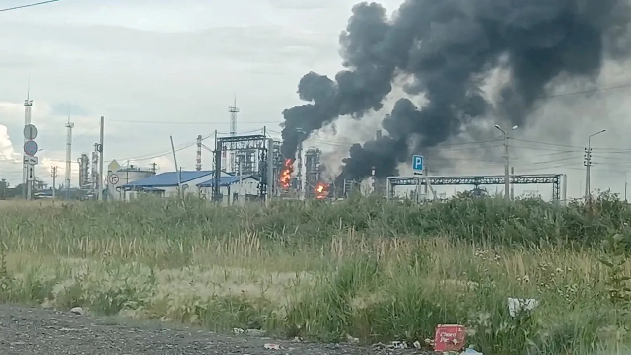FILE PHOTO: Fire at Omsk oil refinery as the region's governor says the province came under attack from Ukrainian drones, in Omsk, Russia July 6, 2026, in this picture obtained from a social media video. SOCIAL MEDIA/via REUTERS