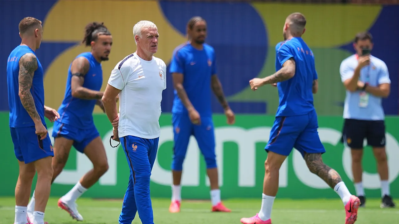 France head coach Didier Deschamps watches his team participate in a training session ahead of the team's semifinal soccer match against Spain, Monday, July 13, 2026, in Dallas. (AP Photo/Julio Cortez)