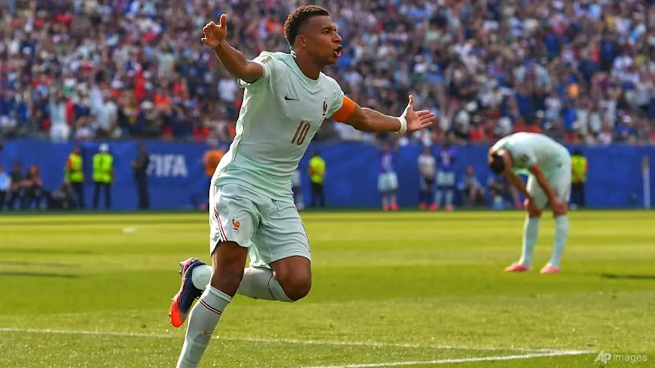 France's Kylian Mbappe celebrates scoring the opening goal during the World Cup quarterfinal soccer match between France and Morocco in Foxborough, Mass, near Boston, on Jul 9, 2026. (Photo: AP/Steven Senne)
