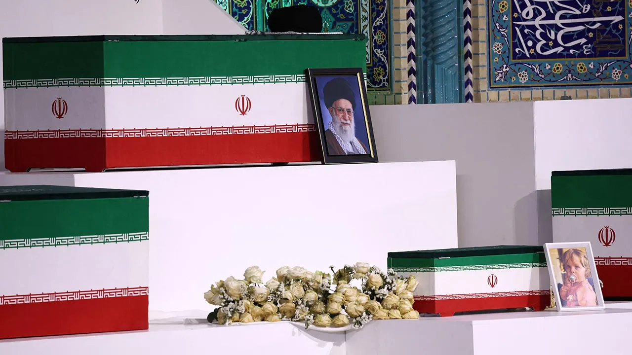 Iran's late Supreme Leader Ayatollah Ali Khamenei's picture is kept during his farewell ceremony, following his death on February 28 during Israeli and U.S. airstrikes on Iran, for international delegates at the Imam Khomeini Grand Mosalla in Tehran, Iran July 3, 2026. Majid Asgaripour/WANA (West Asia News Agency) via REUTERS 