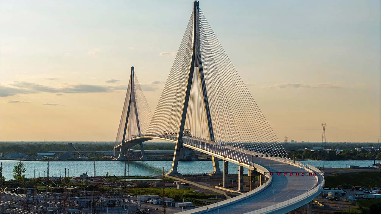 A drone view shows the $4.7 billion Gordie Howe International Bridge, connecting Windsor, Ontario and Detroit, Michigan, ahead of its opening, in Windsor, Ontario, Canada, July 23, 2026. REUTERS/Carlos Osorio