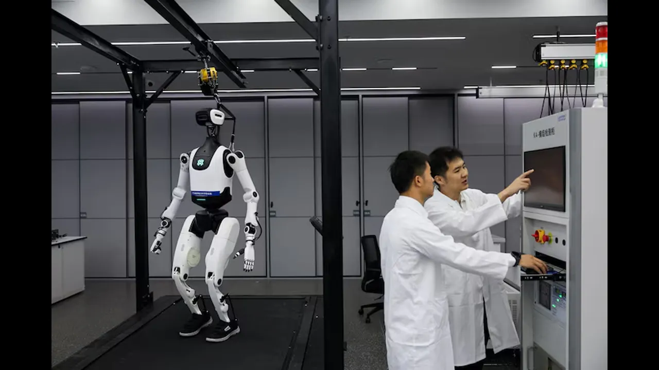A humanoid robot at a robotics laboratory during a government-organized media trip in Guangzhou, Guangdong province, China, April 16, 2026. REUTERS/Go Nakamura