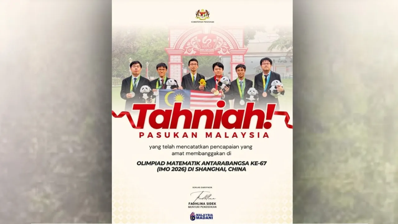 KUALA LUMPUR, 23 Julai (Bernama) -- Malaysia melakar sejarah apabila buat julung kalinya berjaya menempatkan diri dalam kelompok 20 negara terbaik dunia pada Olimpiad Matematik Antarabangsa ke-67 (IMO 2026) yang berlangsung di Shanghai, China, baru-baru ini. Menteri Pendidikan Fadhlina Sidek berkata pasukan negara menduduki tangga ke-19 keseluruhan daripada 117 negara peserta, sekali gus mengatasi pencapaian yang dicatatkan pada tahun lepas.