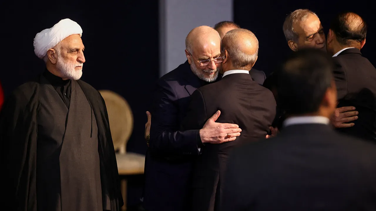 Iranian Parliament Speaker Mohammad Baqer Qalibaf embraces Pakistani Prime Minister Shehbaz Sharif as they attend a farewell ceremony for Iran's late Supreme Leader Ayatollah Ali Khamenei, who was killed on February 28 during Israeli and U.S. airstrikes on Iran, for international delegates at the Imam Khomeini Grand Mosalla in Tehran, Iran July 3, 2026. Majid Asgaripour/WANA (West Asia News Agency) via REUTERS ATTENTION EDITORS - THIS PICTURE WAS PROVIDED BY A THIRD PARTY. ISRAEL OUT. NO COMMERCIAL OR EDITO