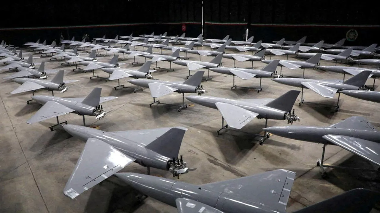 FILE PHOTO: Iranian drones are displayed during a ceremony of the joining new drones to the Iranian Army's combat organisation in an undisclosed location in Iran, in this handout image obtained on January 13, 2025. Iranian Army/WANA (West Asia News Agency)/Handout via REUTERS ATTENTION EDITORS - THIS PICTURE WAS PROVIDED BY A THIRD PARTY. BEST QUALITY AVAILABLE. TPX IMAGES OF THE DAY/File Photo