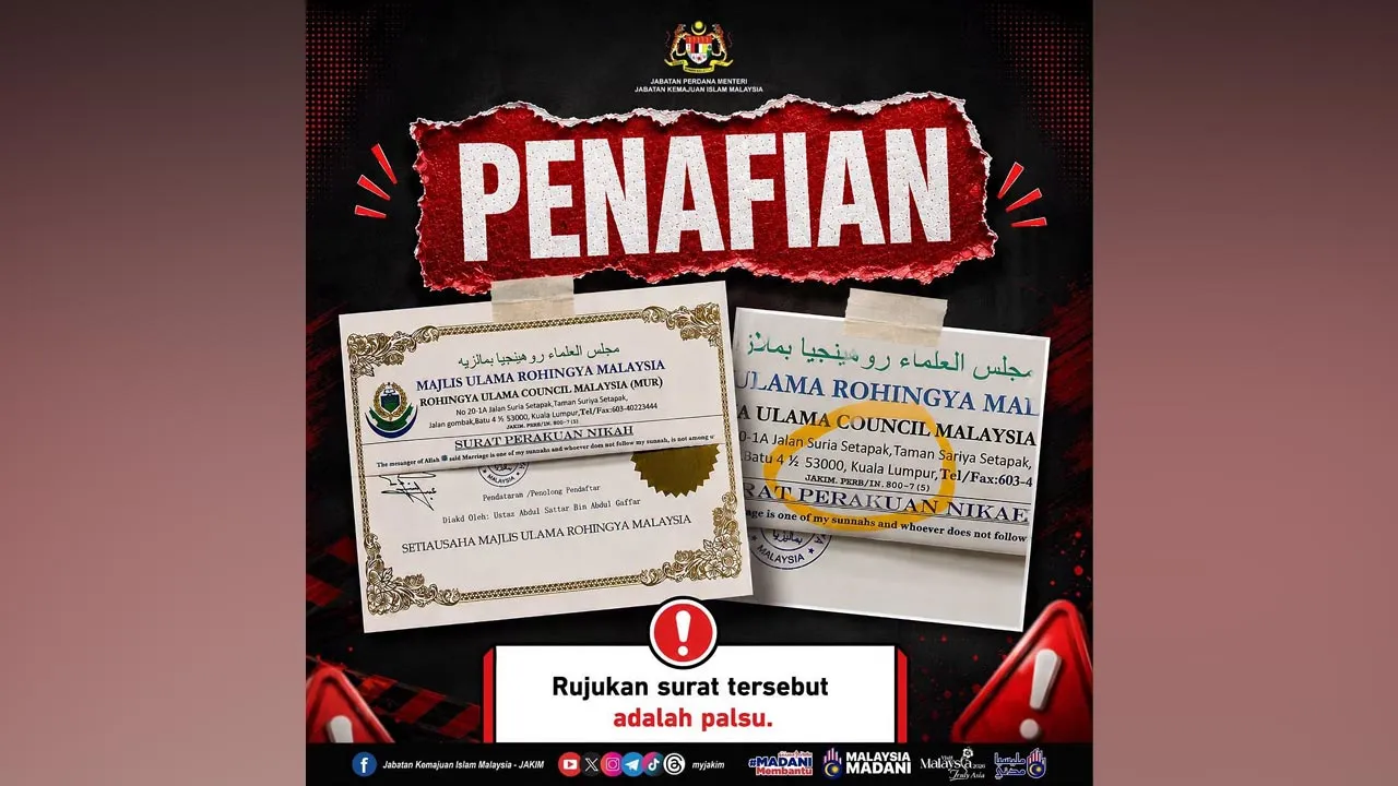 Jabatan Kemajuan Islam Malaysia (JAKIM) mahu pun Majlis/Jabatan Agama Islam Negeri tidak pernah melantik pertubuhan yang dinyatakan ini untuk menguruskan atau memperakukan urusan pernikahan. -- FB  Jabatan Kemajuan Islam Malaysia - JAKIM