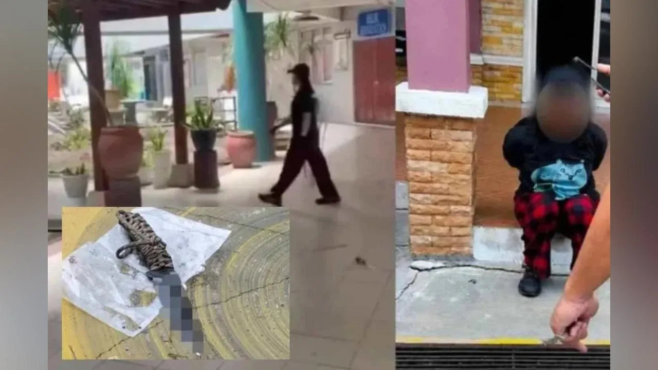 Senjata tajam itu dibawa suspek di dalam beg, sebelum dia memasuki kawasan sekolah melalui pintu pagar yang ketika itu terbuka. -- SINAR HARIAN