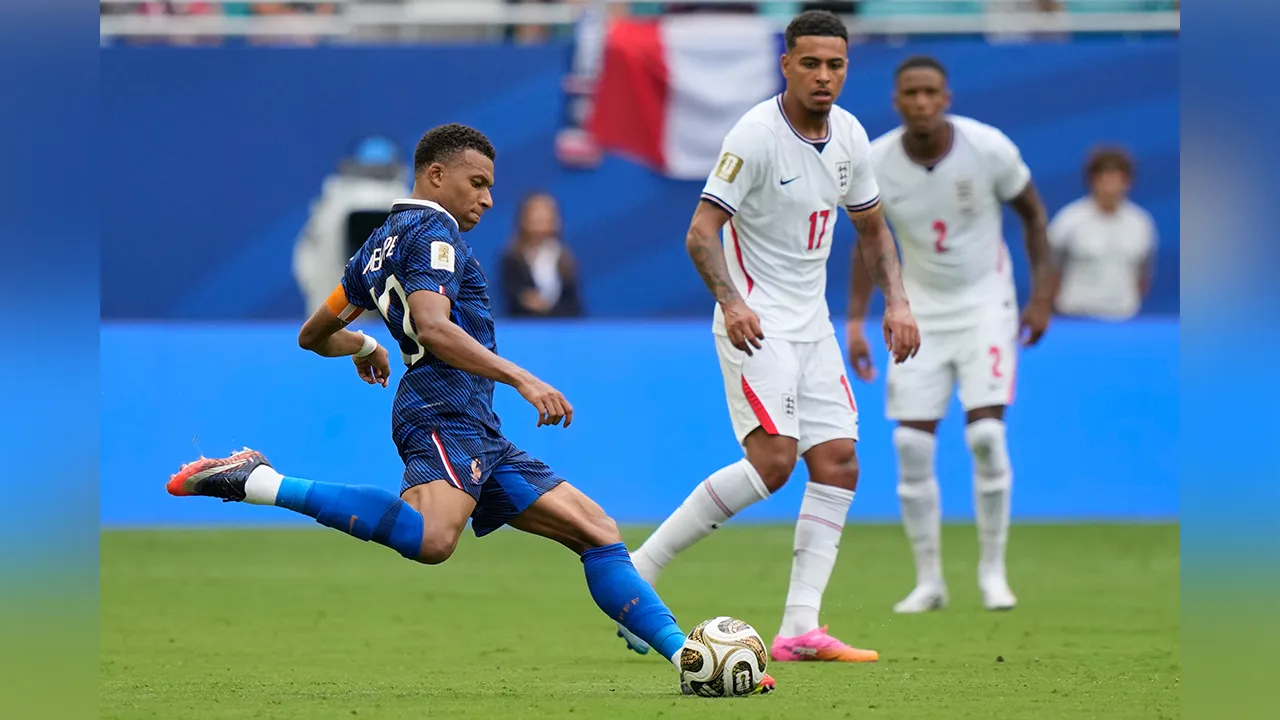 France's Kylian Mbappe (10) kicks the ball during the World Cup third-place playoff soccer match between France and England in Miami Gardens, Fla., Saturday, July 18, 2026. (AP Photo/Lynne Sladky)
