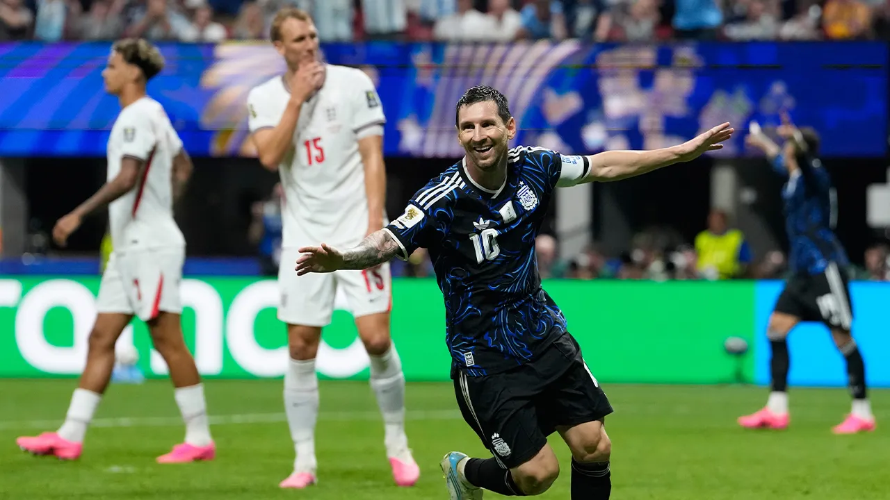 Argentina's Lionel Messi celebrates after Enzo Fernandez scored their side's first goal during the World Cup semifinal soccer match between England and Argentina in Atlanta, Wednesday, July 15, 2026. (AP Photo/Rebecca Blackwell) CORRECTION: Corrects player from Jude Bellingham to Lionel Messi.