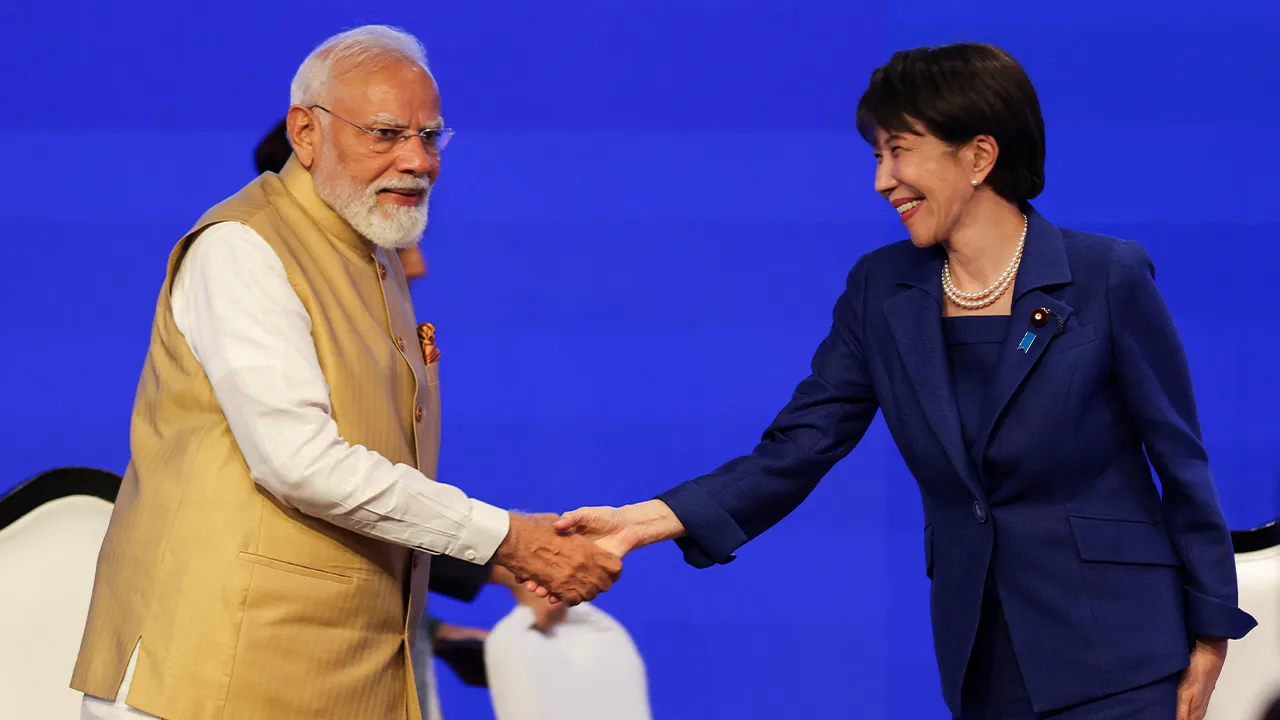 Indian Prime Minister Narendra Modi greets Japanese Prime Minister Sanae Takaichi during the India-Japan Joint Economic Forum in New Delhi, India, July 2, 2026. REUTERS/Bhawika Chhabra