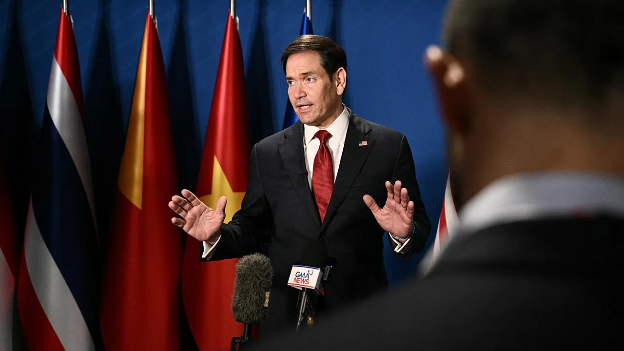 US Secretary of State Marco Rubio speaks to the press on the sidelines of the Association of Southeast Asian Nations (ASEAN) Foreign Ministers Meeting in Pasay, Metro Manila on July 23, 2026. BRENDAN SMIALOWSKI/Pool via REUTERS