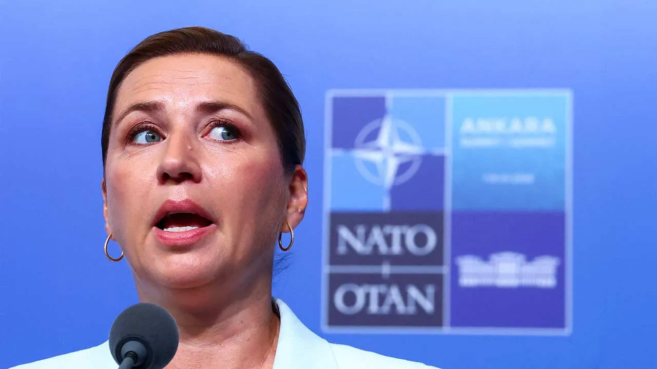 Denmark's Prime Minister Mette Frederiksen speaks during a doorstep at the NATO leaders' summit in Ankara, Turkey, July 8, 2026. REUTERS/Yves Herman