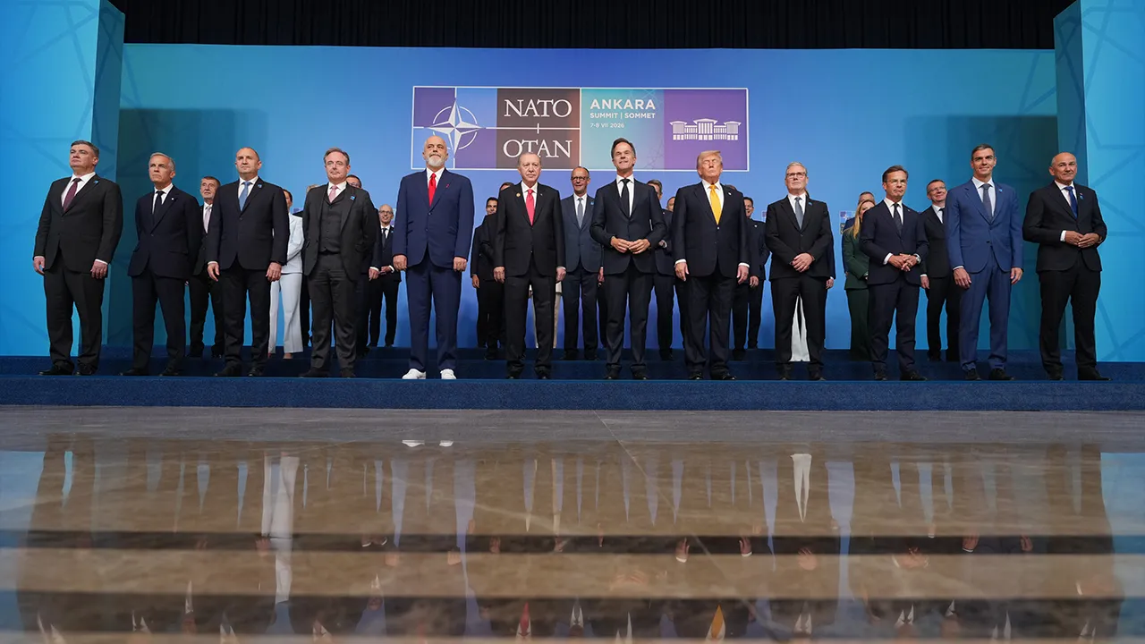 Leaders including NATO Secretary General Mark Rutte, President Donald Trump, and Turkish President Recep Tayyip Erdogan pose for a photo during the NATO summit in Ankara, Turkey, Wednesday, July 8, 2026. (AP Photo/Alex Brandon)