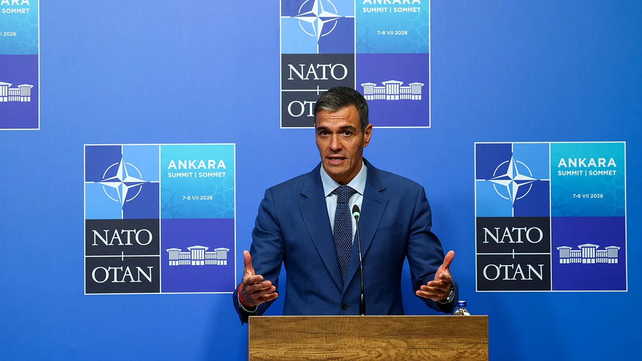 Spanish Prime Minister Pedro Sanchez speaks to the media, on the day of a NATO leaders summit n Ankara, Turkey, July 8, 2026. REUTERS