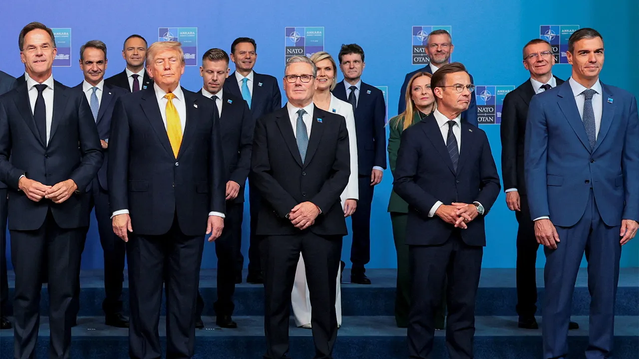 U.S. President Donald Trump poses for a family photo, joined by NATO Secretary General Mark Rutte , British Prime Minister Keir Starmer, Sweden's Prime Minister Ulf Kristersson, Spanish Prime Minister Pedro Sanchez and other leaders during the NATO leaders summit at the Bestepe Presidential Compound in Ankara, Turkey, July 8, 2026. REUTERS