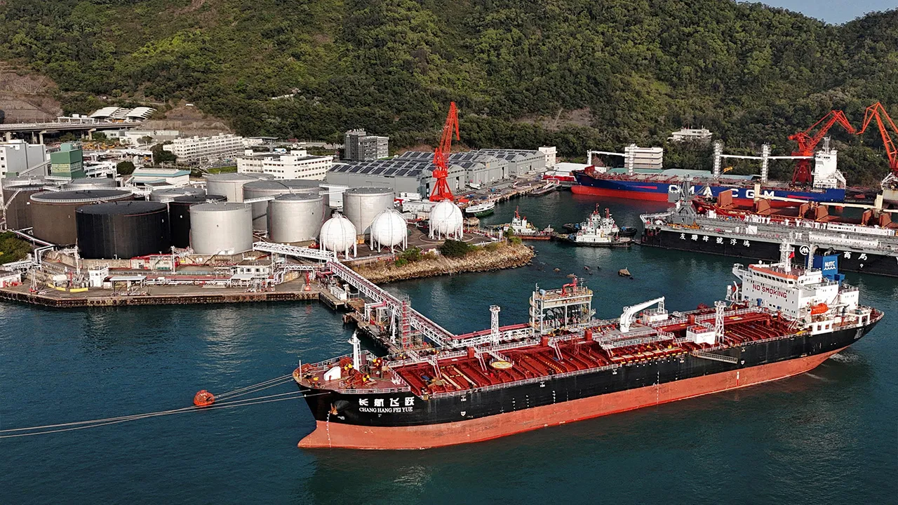 A drone view shows a Chinese-flagged oil tanker moored at an oil terminal at Tsing Yi port in Hong Kong, China March 19, 2026. REUTERS/Joyce Zhou/File Photo