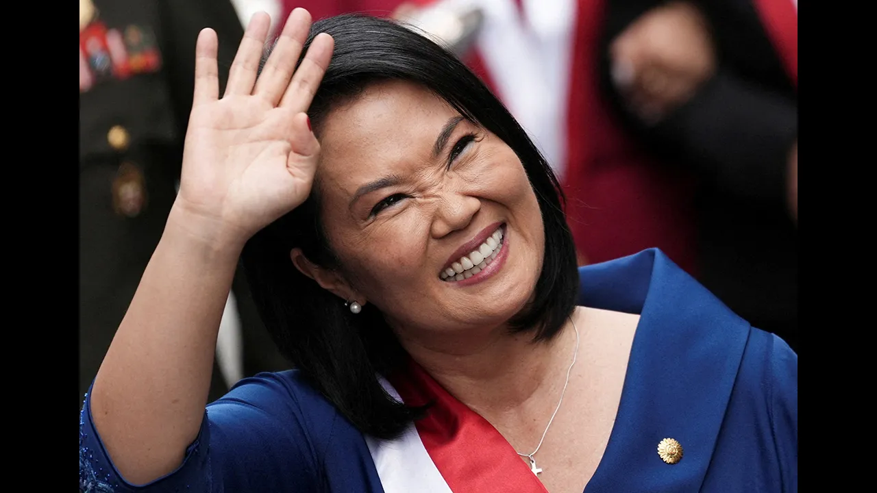 Peru's President Keiko Fujimori waves as she steps out of the Congress after being sworn in as the country's new president, in Lima, Peru, July 28, 2026. REUTERS/Angela Ponce
