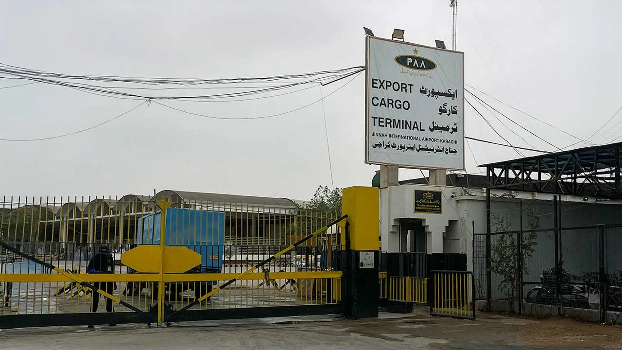 The Cargo Complex entrance at Jinnah International Airport, following reports of a missing cargo plane, in Karachi, Pakistan, July 8, 2026. Picture is taken with a mobile phone. REUTERS/Akhtar Soomro