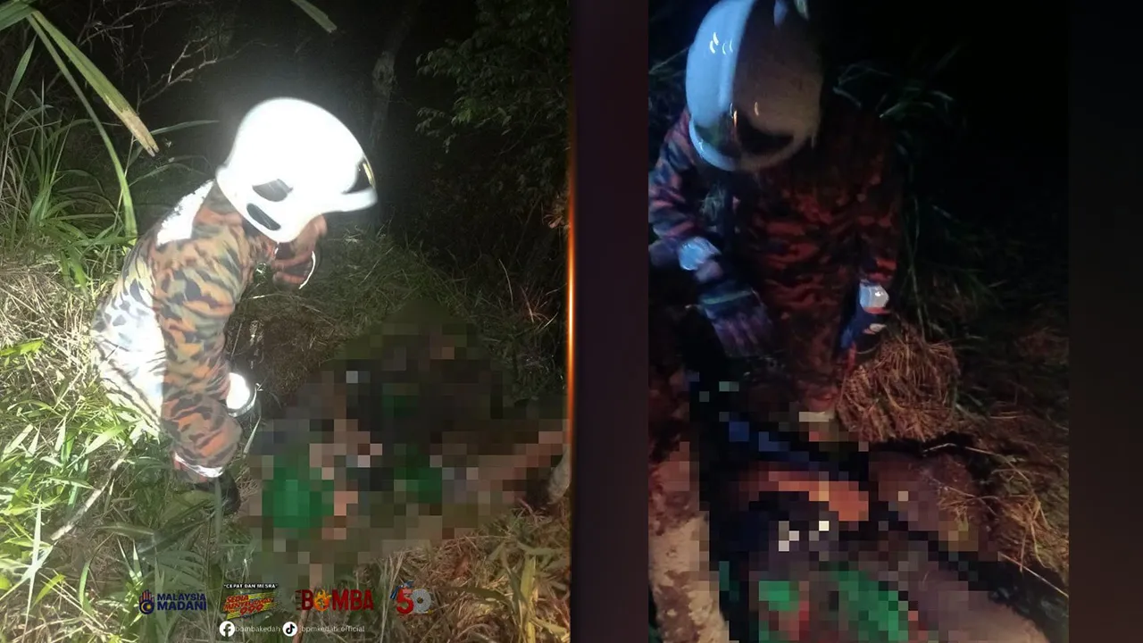 YAN, 30 Jun – Seorang pendaki berjaya diselamatkan oleh Jabatan Bomba dan Penyelamat Malaysia (JBPM) Kedah selepas dipercayai terjatuh ke dalam gaung di kawasan Gunung Jerai, berhampiran Padang Tok Sheikh, malam ini. -- FB Jabatan Bomba dan Penyelamat Malaysia Negeri Kedah
