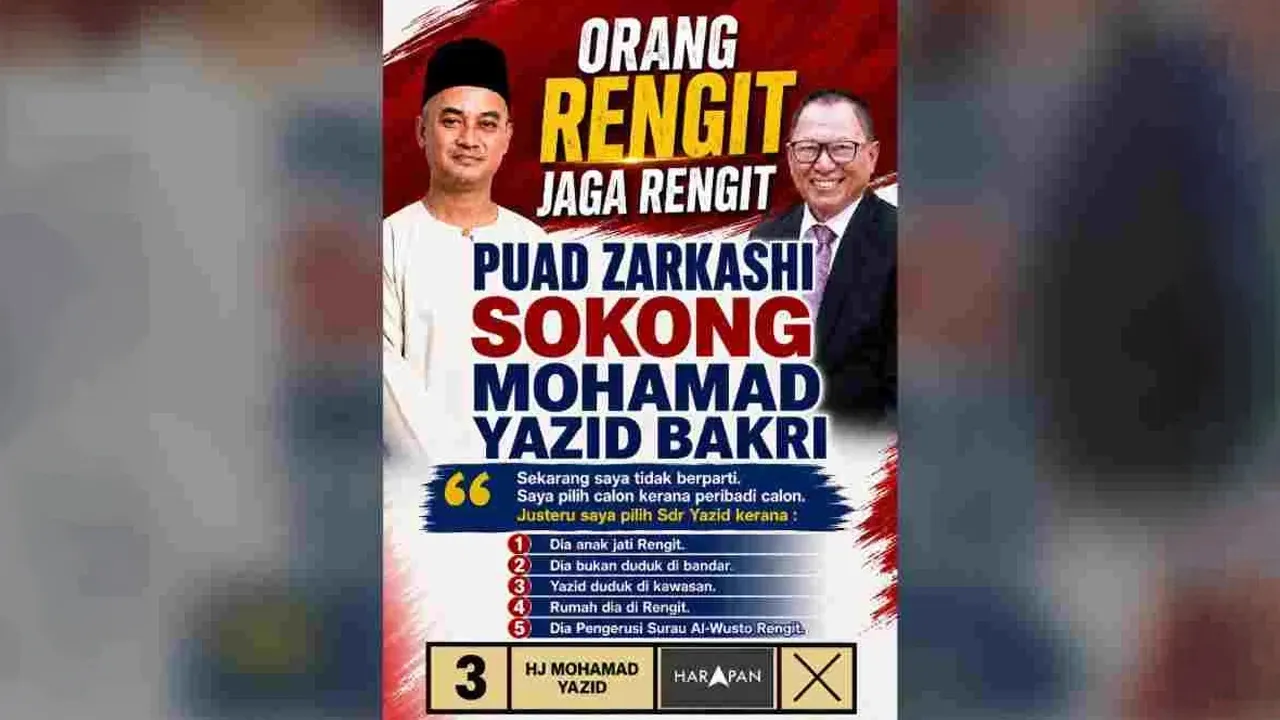 BATU PAHAT – Bekas Ahli Dewan Undangan Negeri (ADUN) Rengit, Datuk Dr Mohd Puad Zarkashi secara terbuka menyatakan sokongan kepada calon Pakatan Harapan (PH) bagi kerusi Dewan Undangan Negeri (DUN) Rengit, Mohamad Yazid Bakri pada Pilihan Raya Negeri (PRN) Johor.  Menerusi poster kempen yang dimuat naik di laman Facebooknya, bekas Ahli Majlis Kerja Tertinggi (MKT) UMNO itu berkata, beliau membuat pilihan berdasarkan peribadi calon dan bukan lagi atas faktor parti.