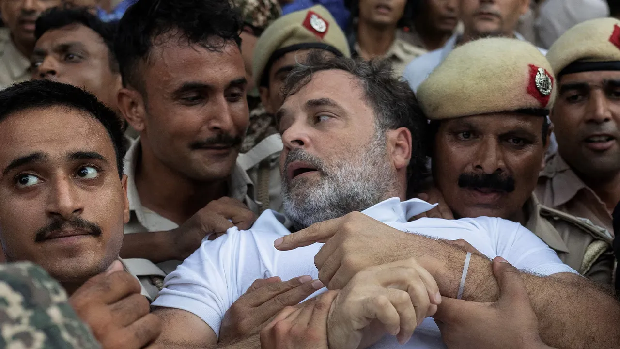 Indian opposition leader Rahul Gandhi is detained by police during a sit-in protest outside Prime Minister Narendra Modi's residence, demanding accountability for police action against students, in New Delhi, India, July 21, 2026. REUTERS/