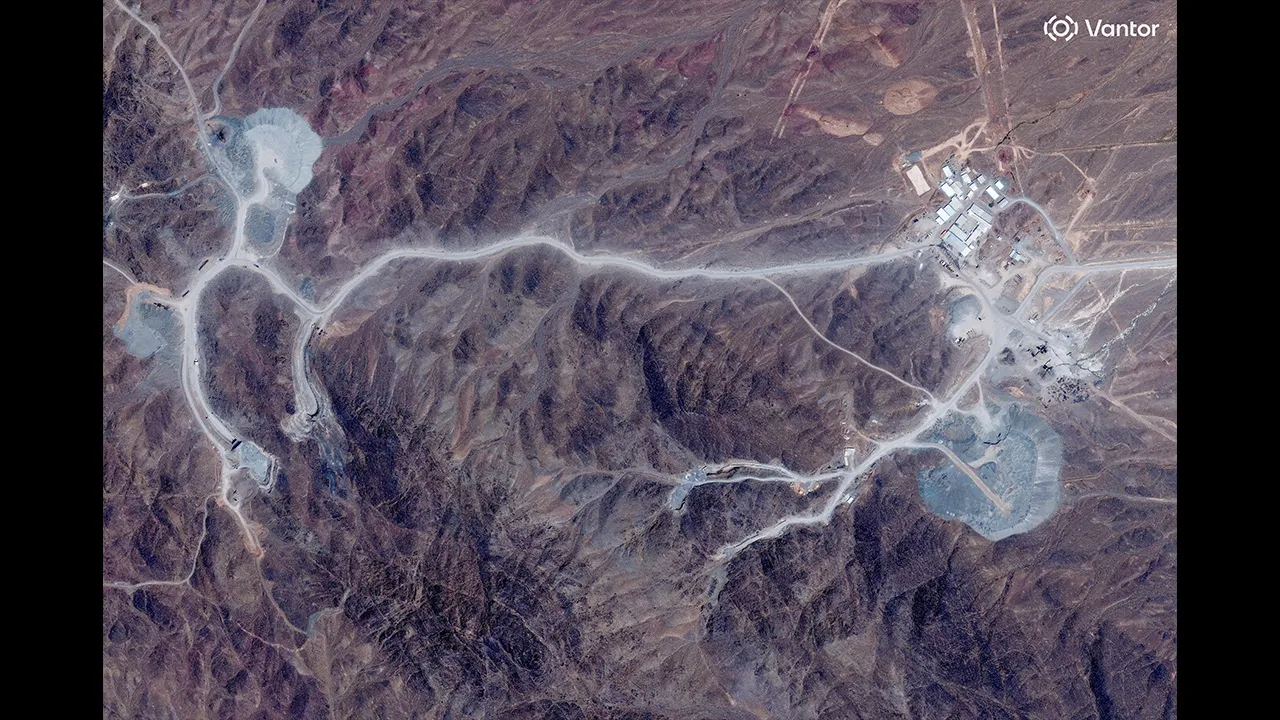 A satellite view shows tunnel entrances at Pickaxe Mountain, of the Natanz nuclear facility, near Natanz, Iran, June 30, 2026. Vantor/Handout via REUTERS