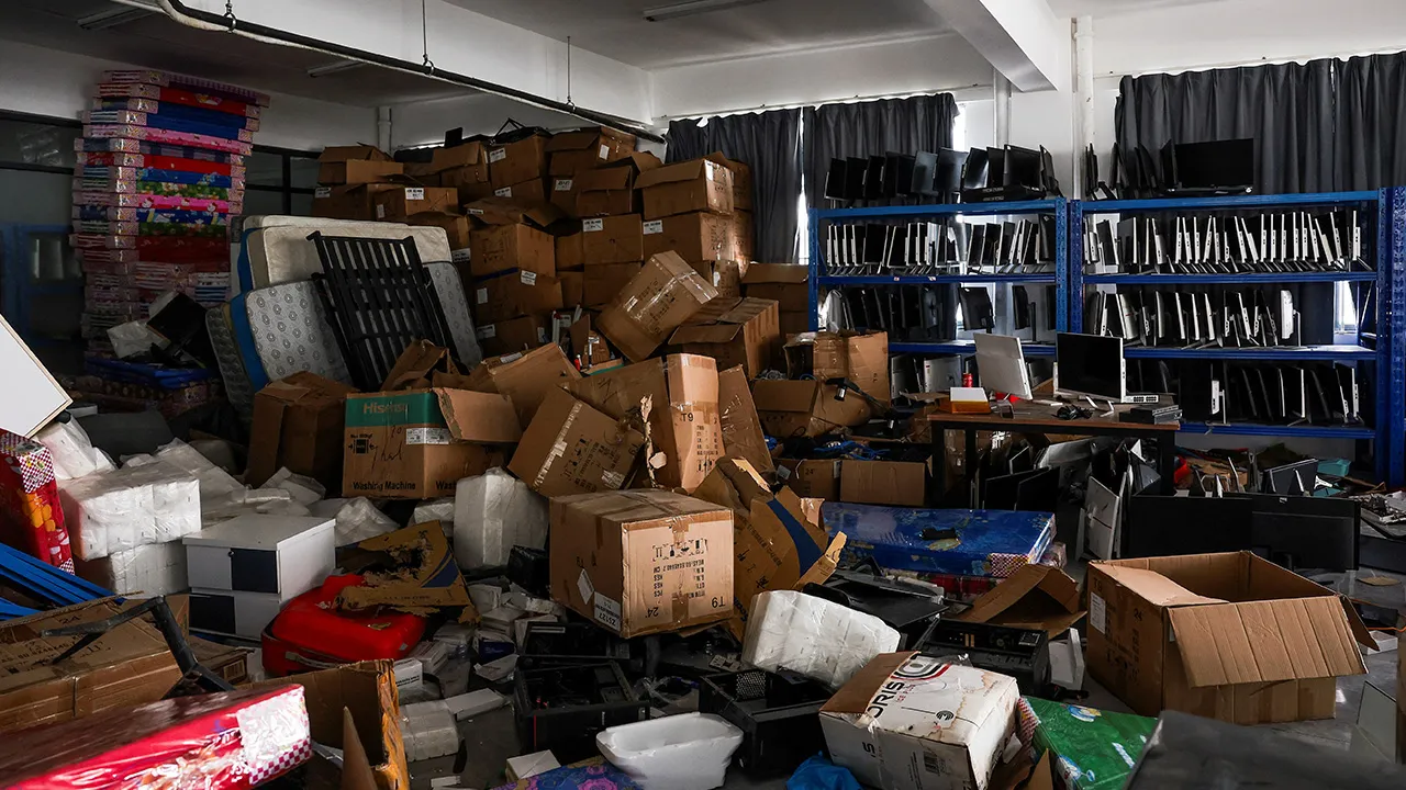 Stored computer monitors and boxes inside a compound in O'Smach that the Thai military said was used for scam operations, at the Chong Chom-O’Smach border crossing, after clashes between Thailand and Cambodia in December 2025, in Samraong, Oddar Meanchey province, Cambodia, March 6, 2026. REUTERS/Chalinee Thirasupa To match Special Report CAMBODIA-SCAMS/