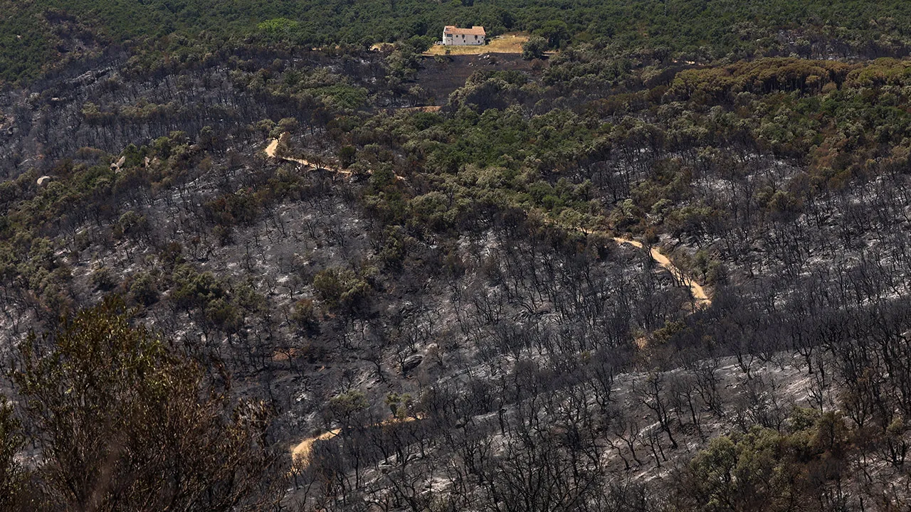 A view of a building standing near a burned forest area in the aftermath of a wildfire near Calonge, Spain, July 5, 2026. REUTERS/Bruna Casas