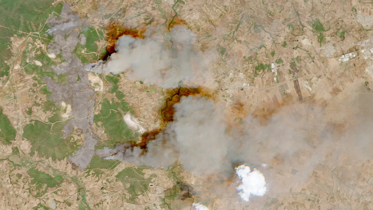 A satellite image shows smoke from wildfires in northeast Algeria, July 21, 2026. European Union/Copernicus Sentinel-2/Handout via REUTERS THIS IMAGE HAS BEEN SUPPLIED BY A THIRD PARTY MANDATORY CREDIT