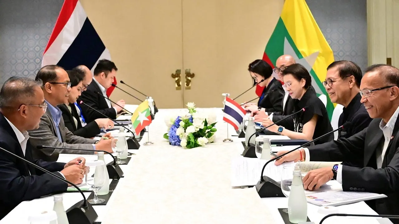 Thailand's Foreign Minister Sihasak Phuangketkeow speaks with Myanmar's Foreign Minister Tin Maung Swe during their bilateral meeting on the sidelines of an informal meeting with ASEAN Foreign Ministers in Bangkok, Thailand, July 11, 2026. Thailand Ministry of Foreign Affairs/Handout via REUTERS